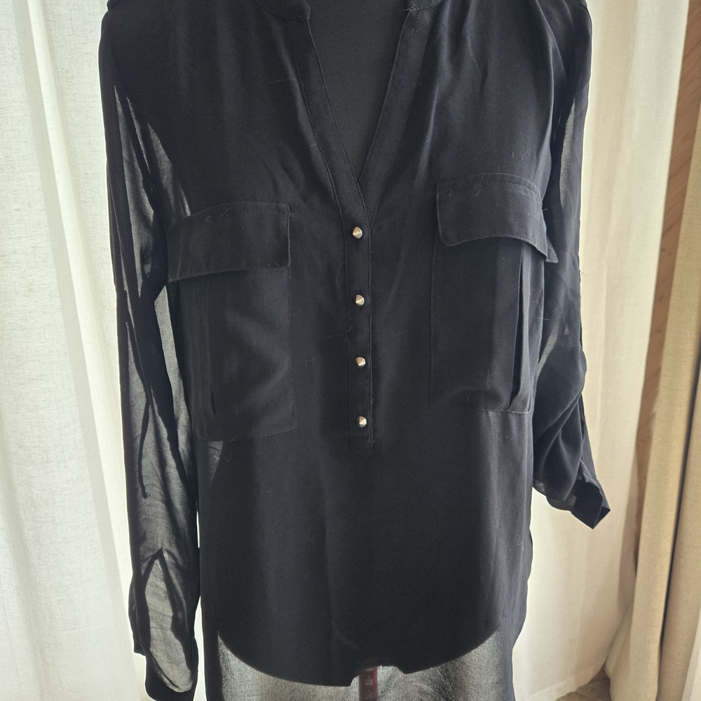 Le Chateau Black Buttoned Blouse with Mandarin Collar